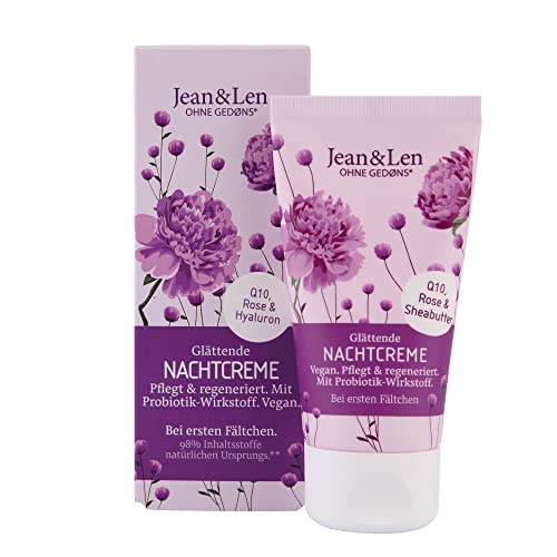 Jean & Len Glättende Nachtcreme, bei ersten Fältchen, Gesichtscreme mit Q10, Hyaluron und Rosenwasser, mindert bei regelmäßiger Anwendung Fältchen, ohne Silikone, Parabene & Alkohol, vegan, 50 ml