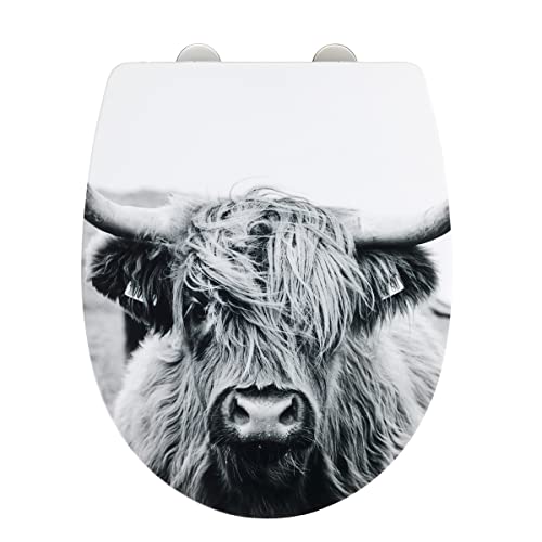 WENKO WC-Sitz Yak mit Hochglanz-Oberfläche, Toilettendeckel mit Absenkautomatik, bruchstabiler, recycelbarer Thermoplast, Schnellbefestigung aus rostfreiem Edelstahl, 36,5 x 45 cm, Yak-Motiv im Sale