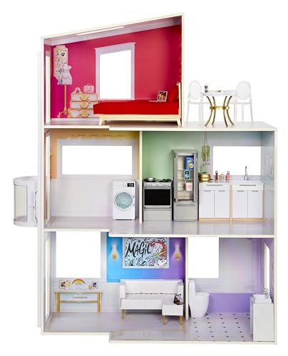Rainbow High Townhouse - 3-Stöckiges Holzpuppenhaus mit 5 Bunten Zimmern & Terrasse - Komplett Eingerichtetes Haus mit Funktionierendem Lift und Zubehör - Spielzeug für Kinder von 4 bis 12+ Jahren im Sale