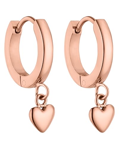 PURELEI Lovely Heart Ohrringe (Silber, Rosegold), Damen Ohrringe aus langlebigem Edelstahl, Wasserfester Schmuck mit Herzanhängern, Durchmesser 13 mm (Rosegold) im Sale