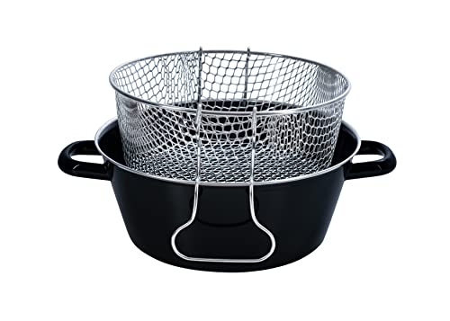 Riess, 0052-022, Pommes-frites Pfanne mit Einsatz 24, CLASSIC - SCHWARZEMAILLE, Durchmesser 24 cm, Höhe 10,5 cm (ohne Einsatz 9,7 cm), Emaille, schwarz, Induktion im Sale