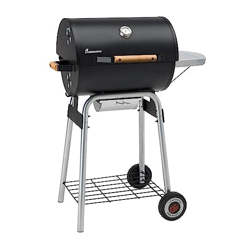 LANDMANN Charcoal Grill Black Taurus 440 | With temperature display in the lid | Enameled 2-piece grill grate &amp; large warming rack | Height-adjustable charcoal grate &amp; side table [Black] on sale