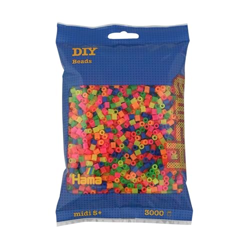 Hama Beads 201-51 Iron-on Beads Bag with approx. 3,000 colorful midi craft beads with a diameter of 5 mm in a neon mix, creative crafting fun for all ages on sale