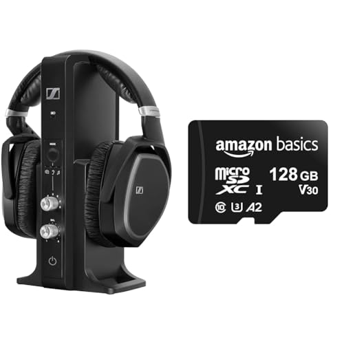 Sennheiser RS195-U Digital Wireless Headphone System &amp; Amazon Basics 128 GB MicroSDXC Memory Card with SD Adapter, A2, U3, 100 MB/s Max. Read Speed, Black on Sale