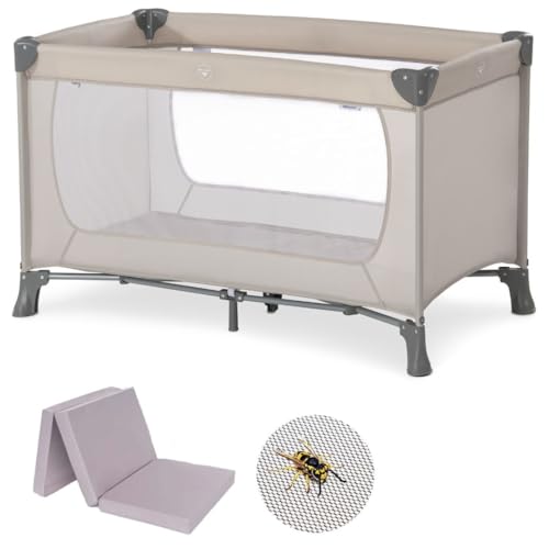 Hauck Baby Reisebett Set Dream n Play mit extra Alvi Komfort Matratze und Moskitonetz - faltbares Kinder Babyreisebett mit Tasche - Beige im Sale