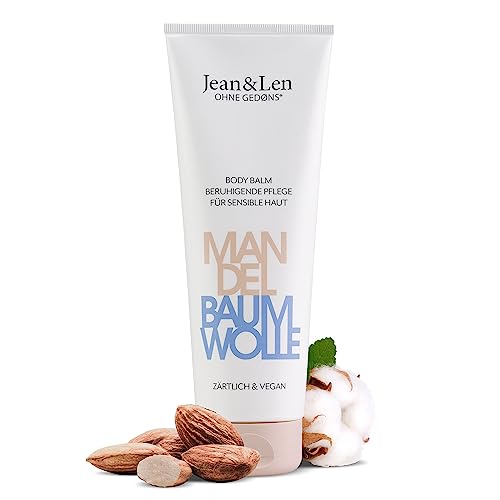 Jean &amp; Len Body Balm Almond &amp; Cotton, Soothing care for sensitive skin, with a delicate fragrance, creamy texture, absorbs quickly, body lotion, without microplastics, parabens &amp; silicones, vegan, 250 ml