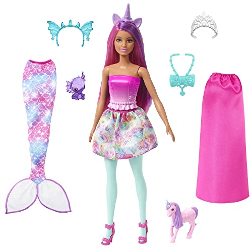 Barbie Dreamtopia Barbie-Puppe mit Barbie-Kleidung, mit Zubehör, Meerjungfrauenschwanz und Baby-Einhorn, 1 Barbie-Puppe inklusive, Geschenk für Kinder ab 3 Jahren,HLC28 im Sale