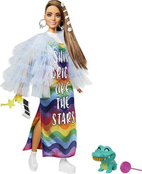 Thumbnail for Barbie GYJ78 - Extra Puppe, Regenbogenkleid, blaue Rüschenjacke, Haustier-Krokodil, lange brünette Haare, mehrlagiges Outfit, Accessoires, flexible Gelenke, Spielzeug Geschenk für Kinder ab 3 Jahren im Sale