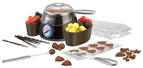Unold 48967 Chocolatier Value Set, Chocolate Fountain, Chocolate Fondue Incl. 12 Molds with Christmas Motifs, 25 W, 2 Heat Settings, for Melting Chocolate Coating, Making Pralines, Keeping Warm (Brown/Silver) on Sale