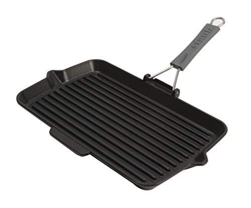 STAUB Gusseisen Grillpfanne mit klappbaren Silikongriff, Recheckig, 34x21 cm, Für alle Herdarten inkl. Induktion & Backofen, Schwarz im Sale