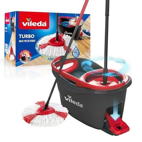 Vileda Turbo Wischmopp Komplett Set , Bodenwischer mit Teleskopstiel, Mikrofaser Moppkopf mit Kraftfasern und Eimer mit Powerschleuder, für alle Böden, schnell und reinigungsstark, Stiellänge 75-130cm im Sale