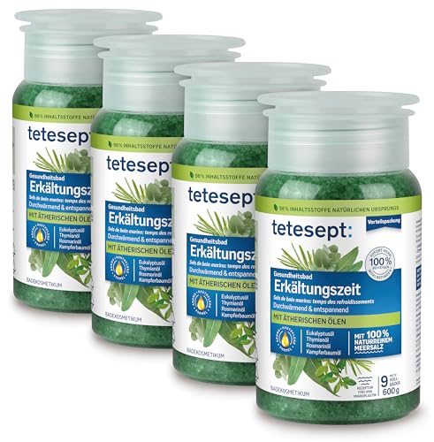 tetesept Meeressalz Erkältungszeit Bad – Gesundheitsbad für die kalte Jahreszeit mit 6 ätherischen Ölen – Wohltuender Badezusatz mit natürlichem Meeressalz – 4 x 600 g [Die Verpackung kann variieren]