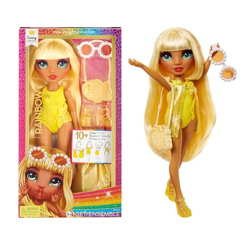 Rainbow High Swim & Style - Sunny (Gelb) - 28 cm Große Puppe mit Schimmerndem Pareo, auf 10+ Arten zu tragen - Ausziehbarer Badeanzug, Sandalen, Spielzubehör - Spielzeug - Ideal für 4 bis 12 Jahre im Sale