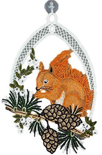 Fensterbild Plauener Spitze Eichhörnchen 18x26 cm + Saugnapf Herbstmotiv Wald Fensterschmuck Herbst im Sale