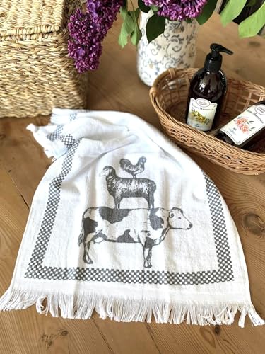 Clayre & Eef CT021 Küchentuch Gästetuch Gästehandtuch Kuh Schaf Hahn Weiss Grau x 66 cm im Sale