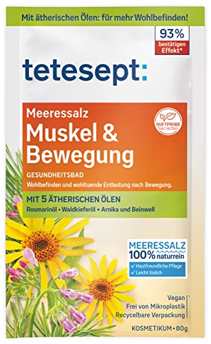 tetesept Meeressalz Muskel & Bewegung – Gesundheitsbad für Entlastung nach Bewegung mit 5 ätherischen Ölen – Wohltuender Badezusatz mit natürlichem Meeressalz – 1 x 80 g