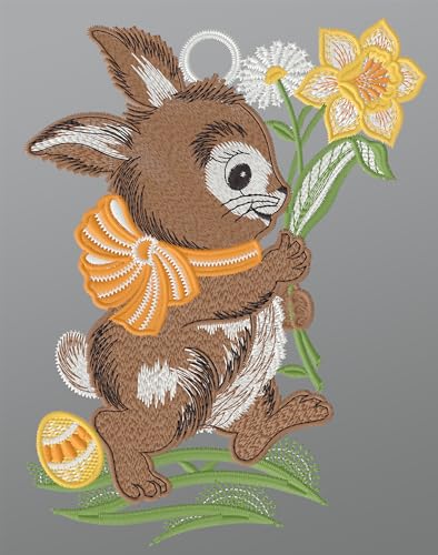 Fensterbild aus Plauener Spitze - Hase mit Osterglocke (BxH) 16cm x 22cm, Mehrfarbig, Fensterdekoration und Fensterschmuck im Sale