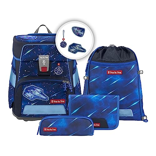 Step by Step Schulranzen-Set Space Reflect „Star Shuttle Elio“ 5-teilig, ergonomischer Tornister, Reflektoren, höhenverstellbar, Hüftgurt, Grundschule, 1. Klasse, 20L, blau-schwarz, Raumschiff-Design im Sale