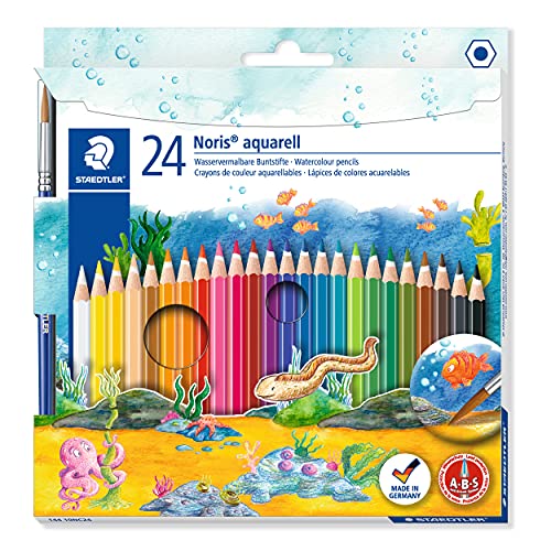 STAEDTLER wasservermalbare Buntstifte Noris Club aquarell, erhöhte Bruchfestigkeit, sechskant, ABS-System, kindgerecht nach EN71, PEFC-Holz, Set mit 24 brillanten Farben, 144 10NC24 im Sale