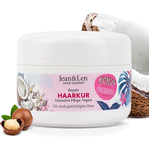 Jean &amp; Len Repair Hair Treatment Coconut Oil &amp; Macadamia, for severely damaged hair, counteracts hair breakage, coconut &amp; macadamia fragrance, paraben- and silicone-free, vegan, 250ml