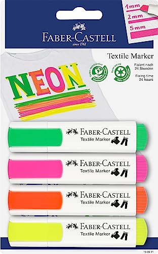 FABER-CASTELL 159591 - Textilmarker in Neonfarben für helle Stoffe, 4 Neon Marker, 1-5 mm Strichbreite im Sale