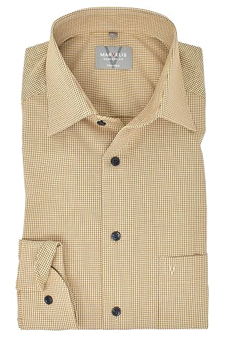 Marvelis Herren Businesshemd Comfort Fit Kent Kragen Langarm Kariert Ocker, Kragenweite:40 im Sale