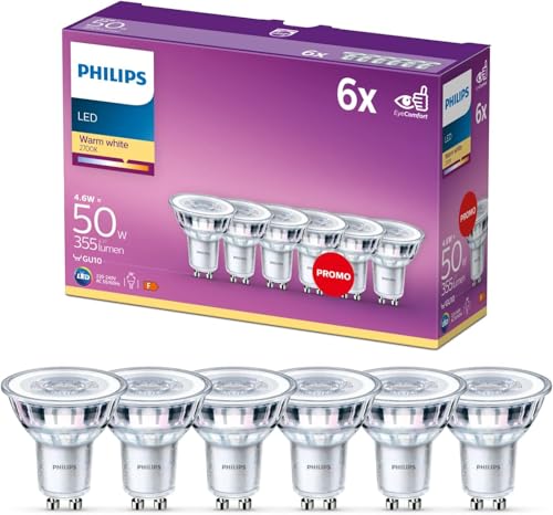 Philips LED Classic GU10 Lampen 6-er Pack (50 W), Reflektor LED Spots mit warmweißem Licht, energiesparende Lampen mit langer Nutzlebensdauer im Sale