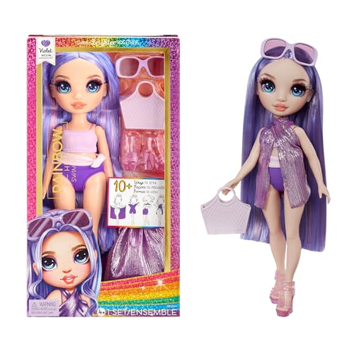 Rainbow High Swim & Style - Violet (Lila) - 28 cm Große Puppe mit Schimmerndem Pareo, auf 10+ Arten zu tragen - Ausziehbarer Badeanzug, Sandalen, Spielzubehör - Spielzeug - Ideal für 4 bis 12 Jahre im Sale