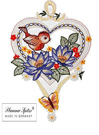 Thumbnail for Plauener Spitze hübsches Fensterbild 21x31 cm + Saugnapf Stickerei Vogel im Herz farbig Spitzenbild Frühling Sommer im Sale