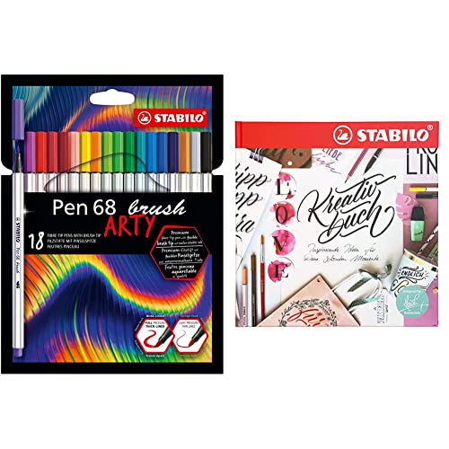 Stifte-Set STABILO Kreativbuch von Hannah Rabenstein & Premium-Filzstift mit Pinselspitze für variable Strichstärken - Pen 68 brush - ARTY - 18er Pack im Sale