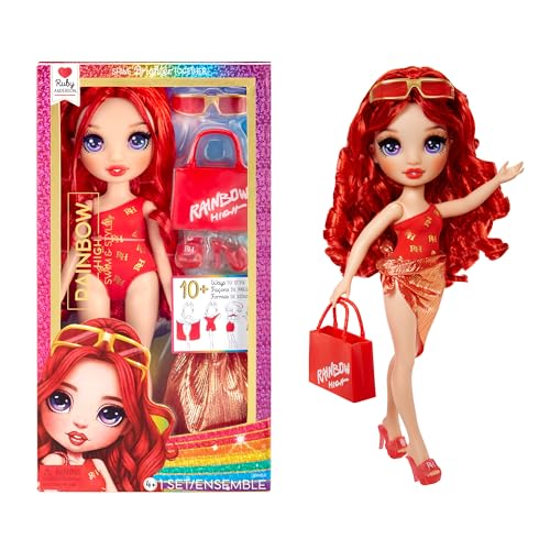 Rainbow High Swim & Style - Ruby (Rot) - 28 cm Große Puppe mit Schimmerndem Pareo, auf 10+ Arten zu tragen - Ausziehbarer Badeanzug, Sandalen, Spielzubehör - Spielzeug - Ideal für 4 bis 12 Jahre im Sale