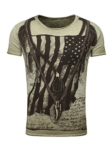 Key Largo Herren T-Shirt RACERBLADE Flaggenmotiv Printshirt Frontprint Vintage Look verwaschen Slim Fit Schnitt USA Amerika Rundhalsausschnitt grün im Sale