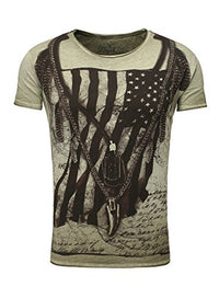 Thumbnail for Key Largo Herren T-Shirt RACERBLADE Flaggenmotiv Printshirt Frontprint Vintage Look verwaschen Slim Fit Schnitt USA Amerika Rundhalsausschnitt grün im Sale