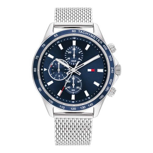 Tommy Hilfiger Multi Zifferblatt Quarz Uhr für Herren mit Silbernes Edelstahl-Mesh-Gliederarmband - 1792018 im Sale