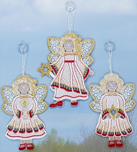 Plauener Spitze Fensterbilder Weihnachten 3er Set Engel Rot Gold Weihnachtsdekoration Baumschmuck Fensterdekoration incl. Saugnäpfen im Sale