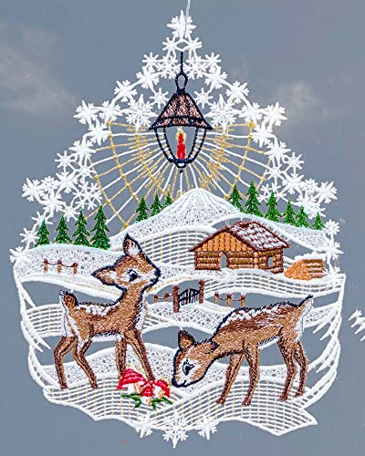 Fensterbild aus Plauener Spitze  Rehe Winterlandschaft HXB 27x21 cm im Sale