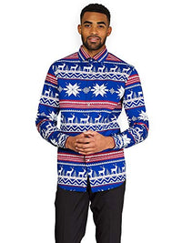 Thumbnail for OppoSuits Herren-Weihnachtshemd - Feiertags-festliches Pinienbaum-Design - Hemd mit Knöpfen - schmale Passform - Marineblau - Langärmliges im Sale