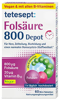Thumbnail for tetesept Folsäure 800 Depot, Nahrungsergänzungsmittel mit Depot-Technologie - inklusive aller B-Vitamine für eine Rundumversorgung, 1 x 60 Minitabletten