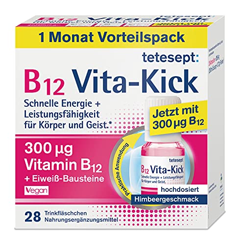 tetesept B12 Vita-Kick Trinkampullen – Nahrungsergänzungsmittel für schnelle Energie & Leistungsfähigkeit – Vitamin B12 Ampullen mit Eiweiß-Bausteinen – Monatspackung à 28 Trinkfläschchen
