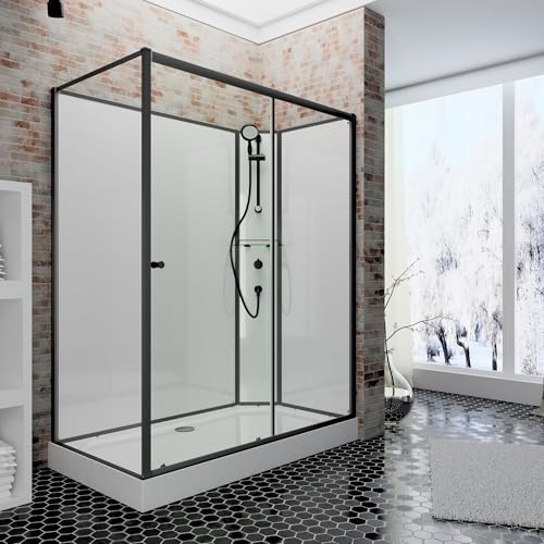 Schulte Fertigdusche Komplettdusche 120 x 90 cm Duschtempel Ibiza, 5 mm Sicherheits-Glas, Profile Mattschwarz, Duschsystem Mattschwarz, Rückwände weiß, Duschwanne weiß im Sale