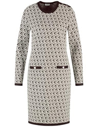 Thumbnail for Gerry Weber Damen Elegantes Strickkleid mit Jacquard-Muster Langarm Jacquard, Gemustert knieumspielend Cream/Black Graphic Jacquard 46 im Sale