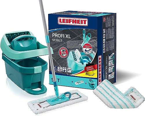 Leifheit Set Wischtuchpresse Profi  mit Bodenwischer und Rollen, Putzen mit sauberen Händen & ohne Bücken, Ergebnisse wie handgewrungen, mit Mikrofaser Wischbezug für Fliesen & Laminat, Click-System im Sale