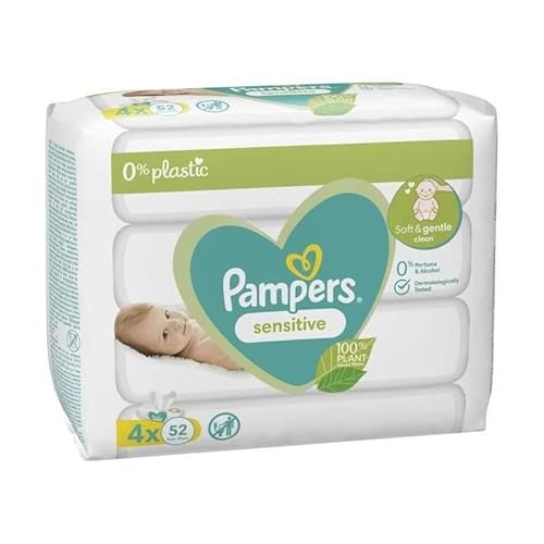 Pampers Sensitive Feuchttücher für Kinder, 4 Packungen à 52 Taschentücher = 208 Tücher, schonende Reinigung der empfindlichen Babyhaut