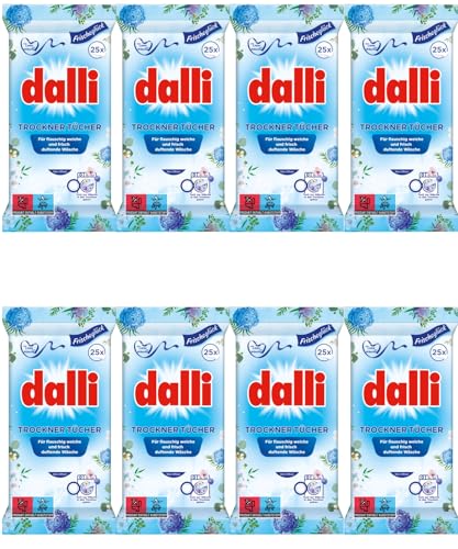 dalli Trockner-Tücher I für ca. 200 Trocknungsvorgänge | 8 x 25 Tücher (200 Tücher) I macht die Wäsche flauschig weich und bügelleichter im Sale