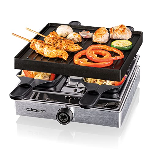 Cloer 6454 raclette grill with die-cast aluminum plate, 750 W, 4 non-stick raclette pans, plastic spatula, unheated parking space, aluminum on sale