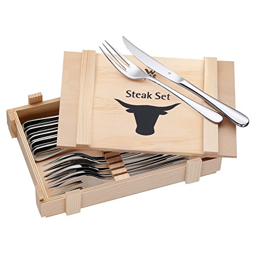 WMF Steakbesteck 12-teilig, Steakbesteck Set für 6 Personen, Steakmesser Set, Steakgabel, Cromargan Edelstahl poliert, Grillbesteck in Holzkiste im Sale