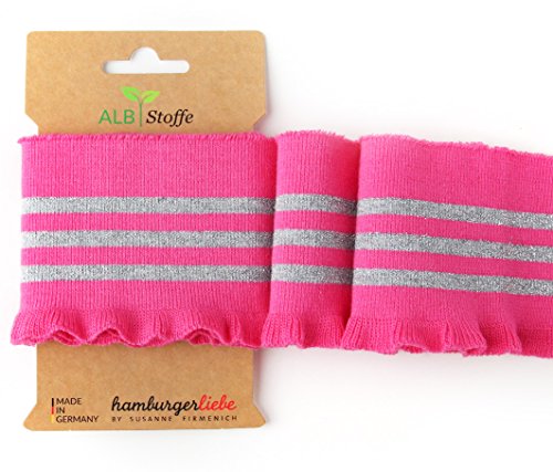 Albstoffe Bio-Strickbündchen Fertigbündchen Hamburger Liebe Cuff Me Frill Feinstrick GOTS Herz schwarz pink 1,1m Länge im Sale