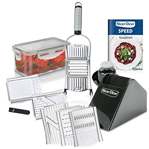 Genius Nicer Dicer Speed Deluxe-Set 13-teilig Handhobel V-Hobel - Verstellbarer Hobel manuell mit V-Klinge aus Edelstahl - Gemüseschneider Gemüsehobel mit Julienne-schneider, Silber im Sale