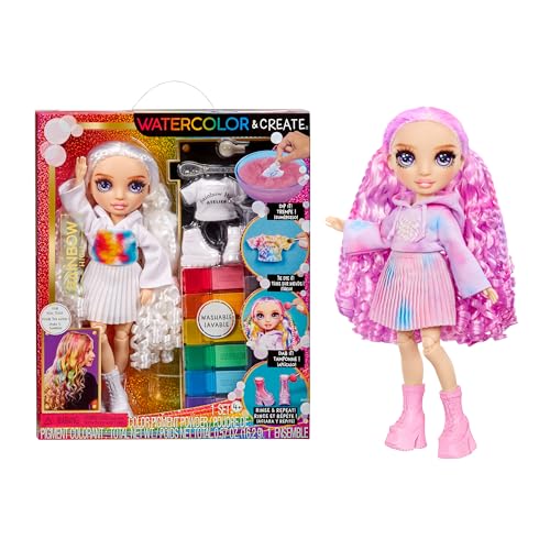 Rainbow High Watercolour & Create DIY Modepuppe mit Auswaschbaren Wasserfarben & Batikset - Lila Augen, Lockenhaar, Extra Top & Schuhe - Malen, Gestalten, Spielen, Abspülen, Wiederholen - 4-12+ Jahre im Sale