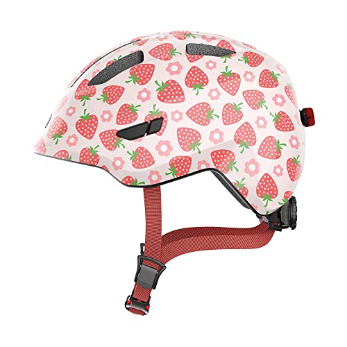 ABUS Smiley 3.0 LED Children's Helmet - Bicycle Helmet with Light - Deep Fit &amp; Room for a Braid - for Girls and Boys - Pink with Strawberry Pattern, Size M